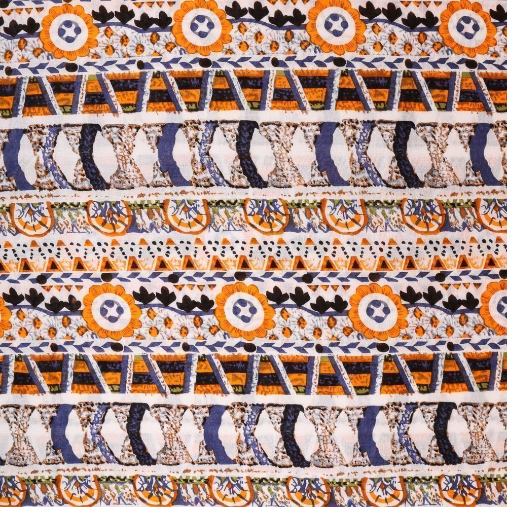 Tissu Viscose légère Blanc Ethnique Orange et parme