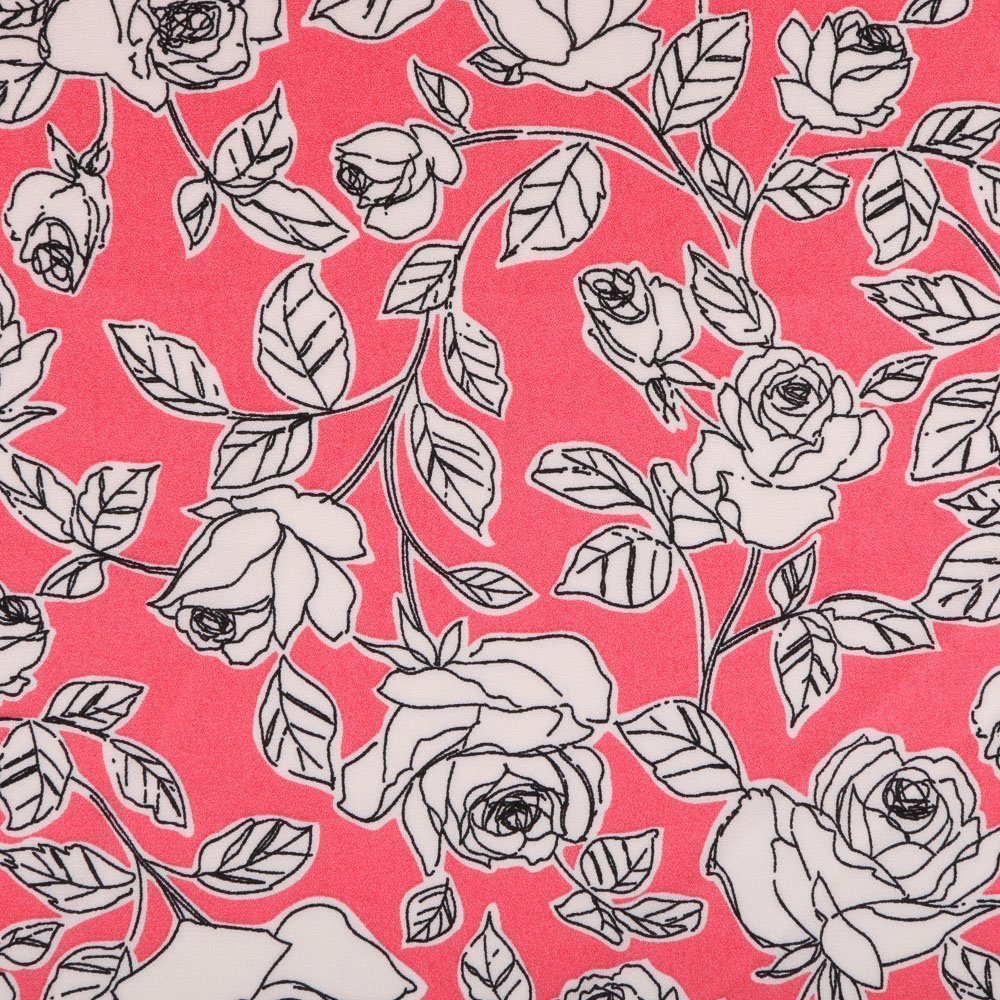 Tissu Crêpe Rose fuschia Roses Blanches