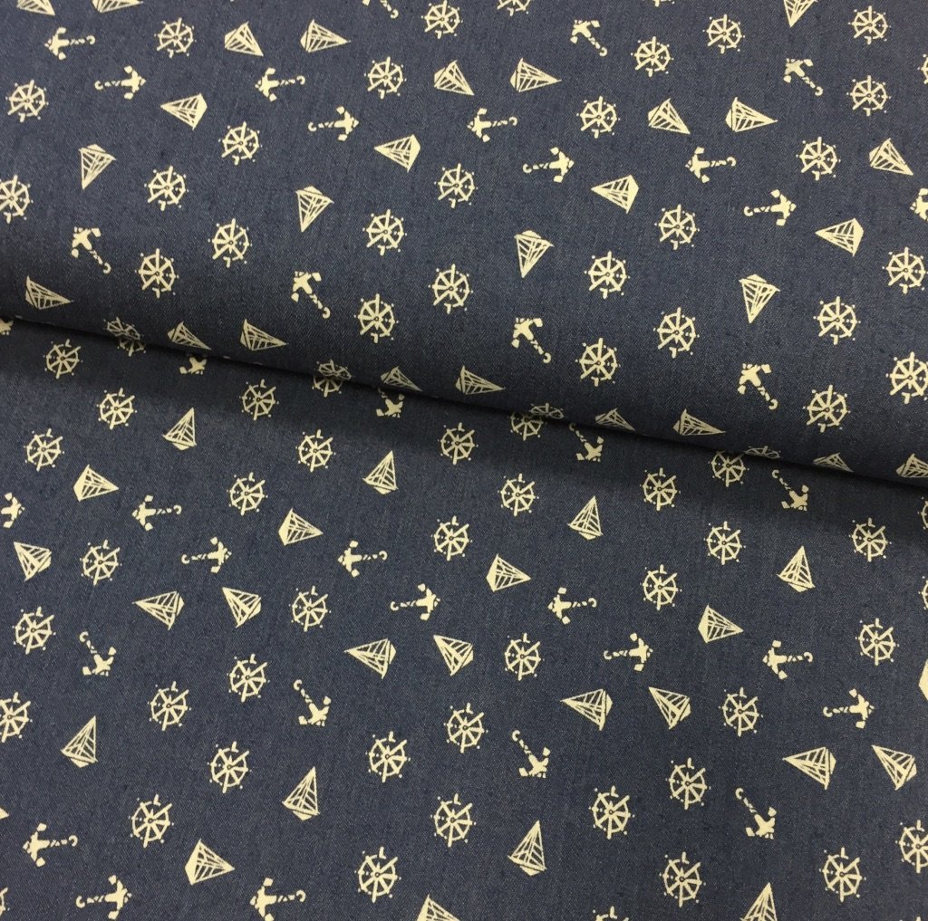 Tissu Chambray Bleu jean foncé Ancres et Voiles Blanches