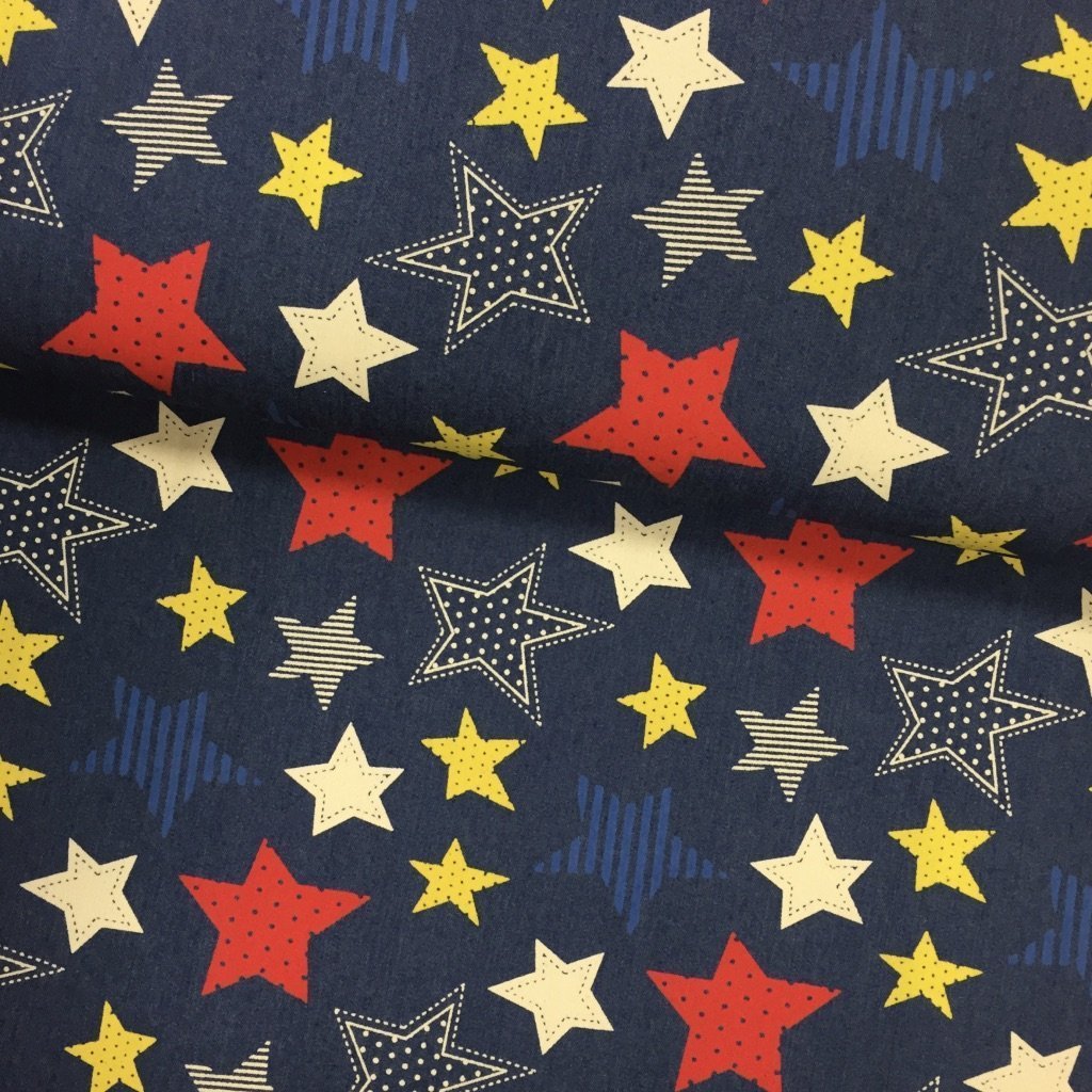 Tissu Denim Bleu jean Etoiles Jaunes et blanches