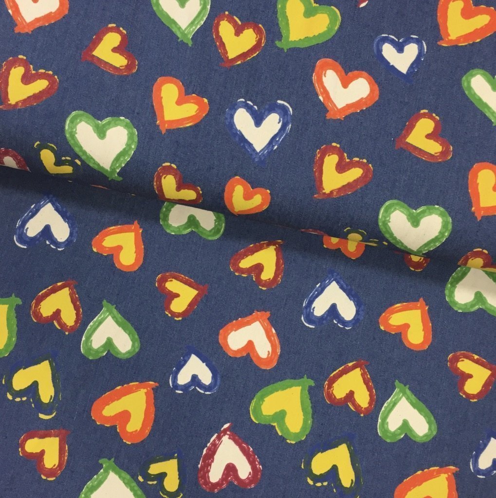 Tissu Denim Bleu jean foncé Cœurs Jaunes et blanches