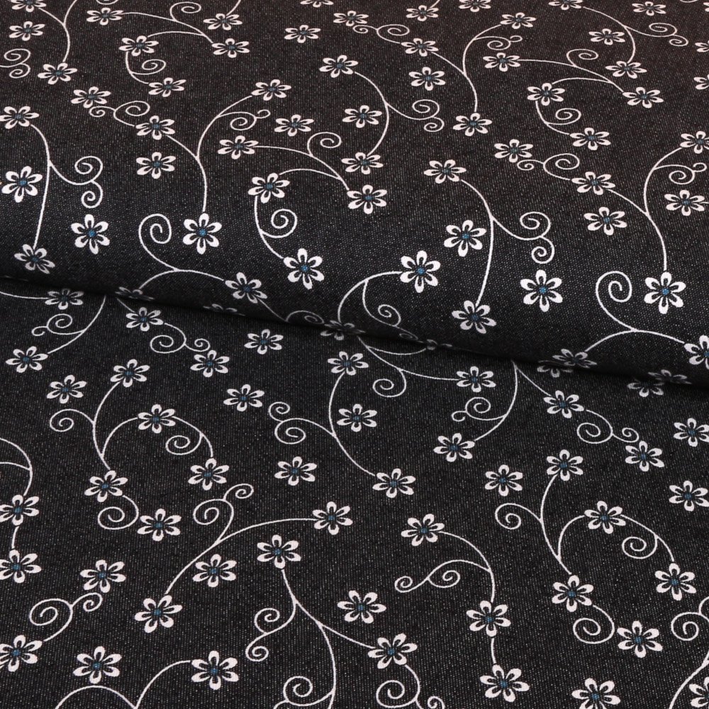 Tissu Denim Stretch Fleuris Marine