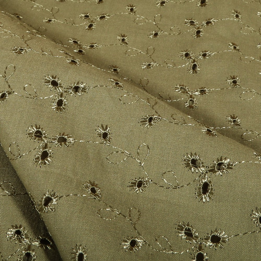 Tissu Broderie Anglaise Fleurs Kaki