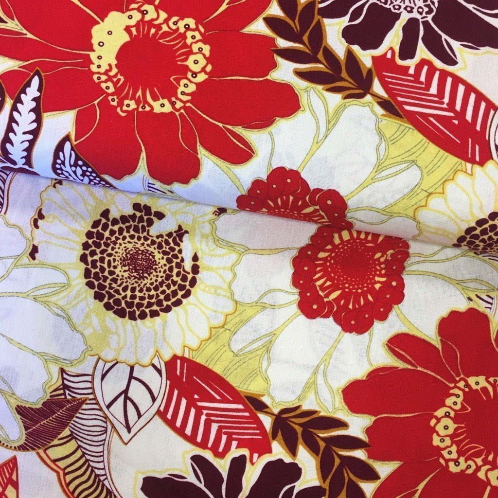 Tissu Viscose aspect lin Blanc Fleurs Rouges et jaunes