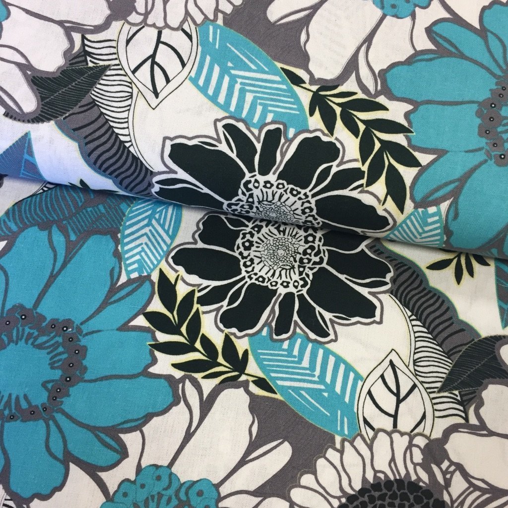 Tissu Viscose aspect lin Blanc Fleurs Bleu turquoise et noires