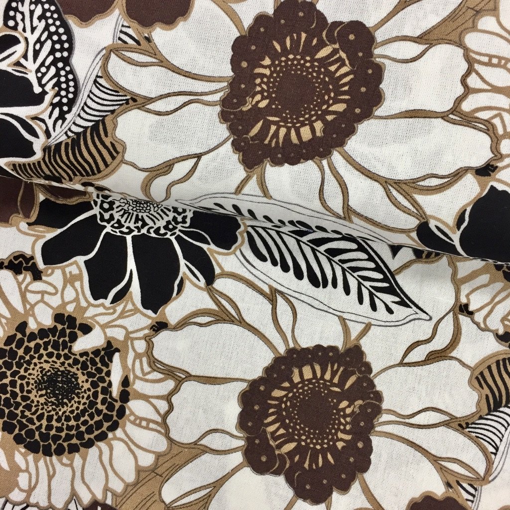 Tissu Viscose aspect lin Blanc Fleurs Marrons et noirs