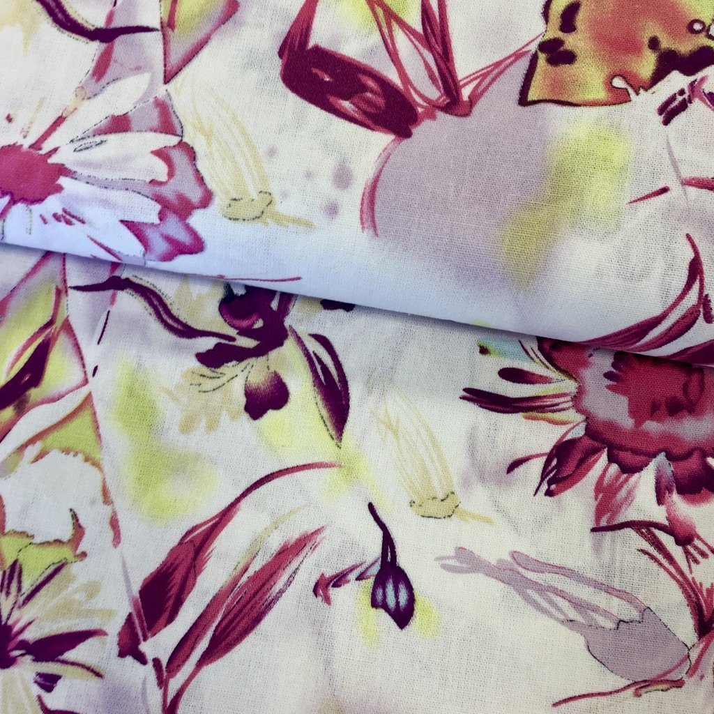 Tissu Viscose aspect lin Blanc Fleurs Rose fuschia et vert clair