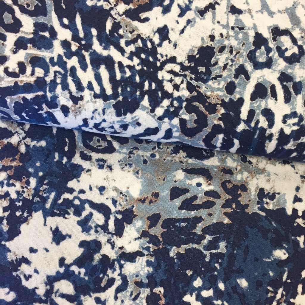Tissu Viscose aspect lin Blanc Peinture abstraite Bleu