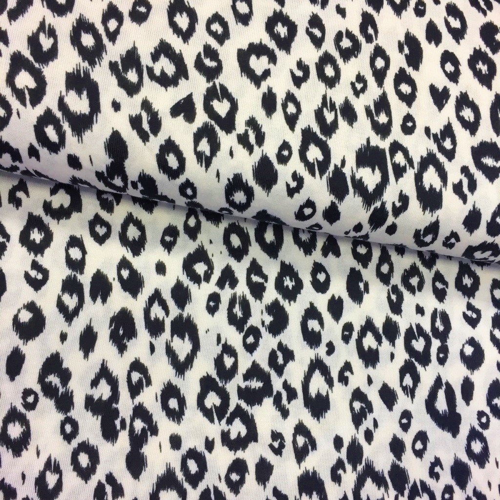 Tissu Maille Blanc Motifs léopard Noirs