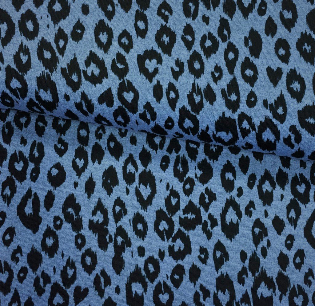 Tissu Maille Bleu Motifs léopard Noirs
