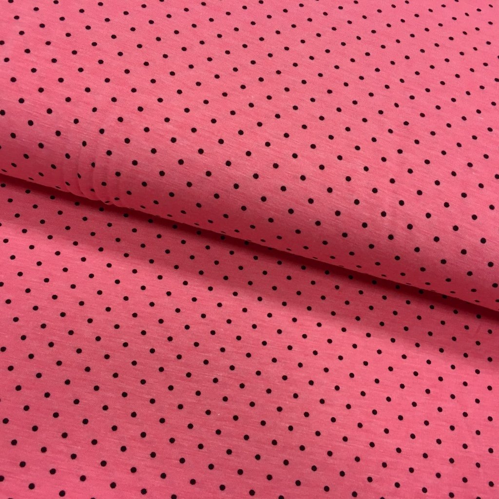 Tissu Jersey viscose Rose fuchsia Pois Noirs