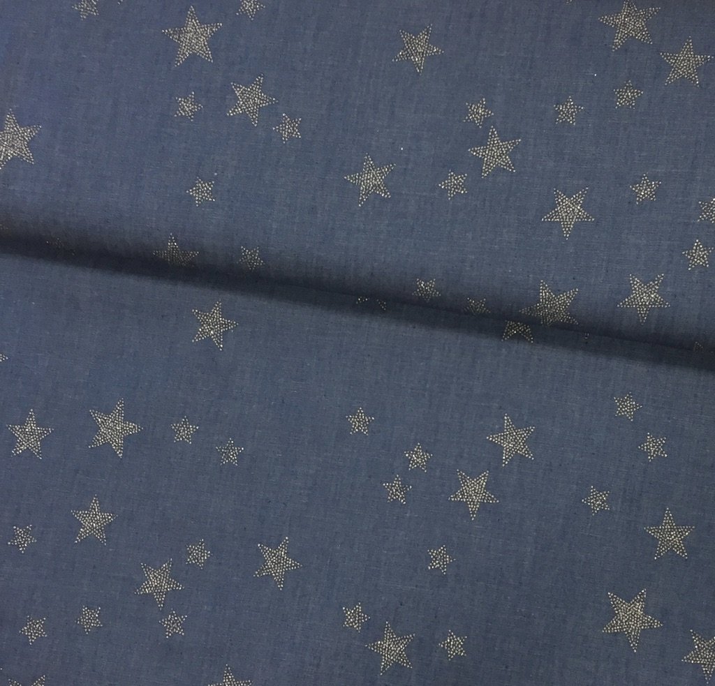 Tissu Chambray Bleu jean foncé Etoiles Argentées