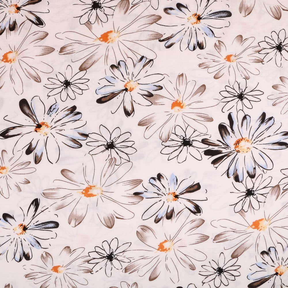 Tissu Viscose légère Blanc Fleurs Beige et orange