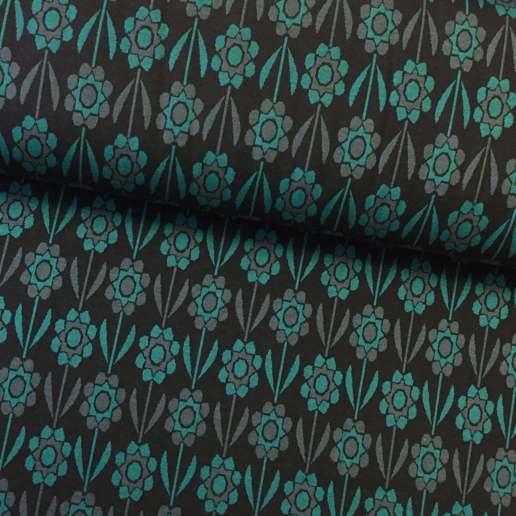 Tissu Maille jacquard Noir Fleurs Vertes et grises