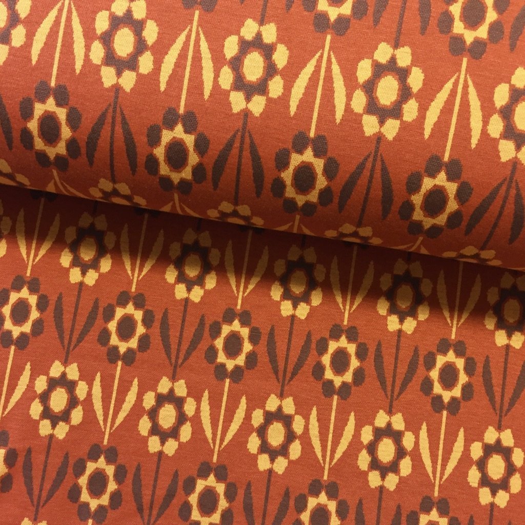 Tissu Maille jacquard Orange Fleurs Jaunes et marrons