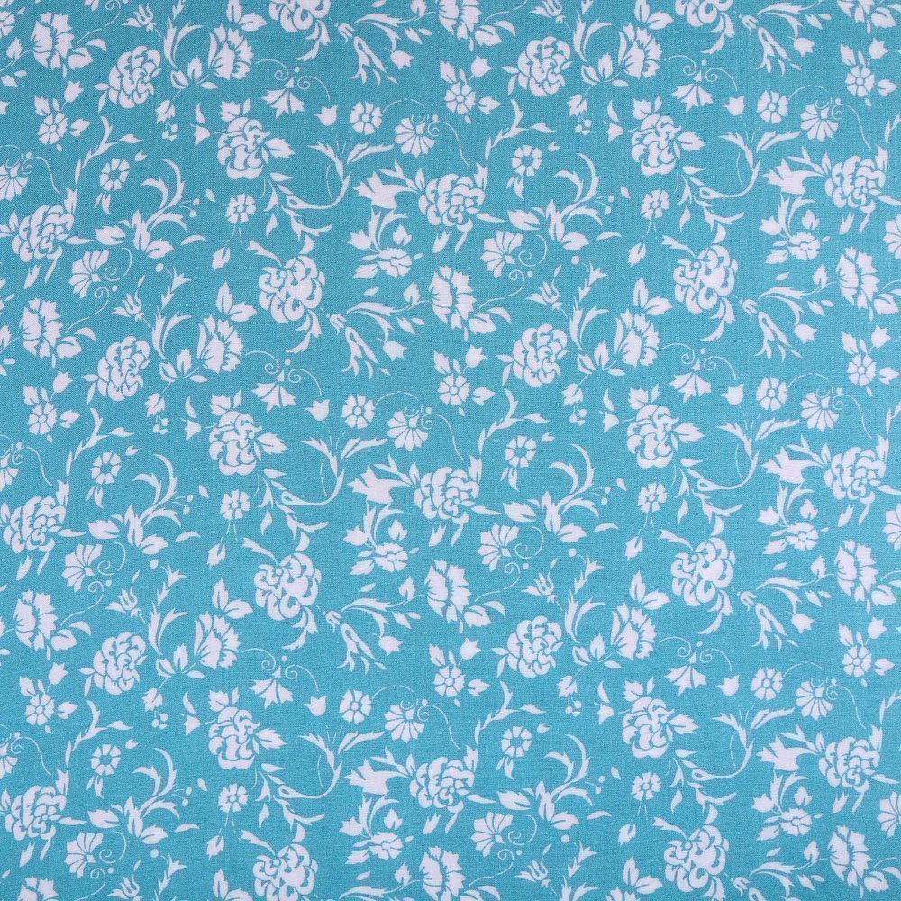 Tissu Viscose légère Turquoise Fleuris Blanc