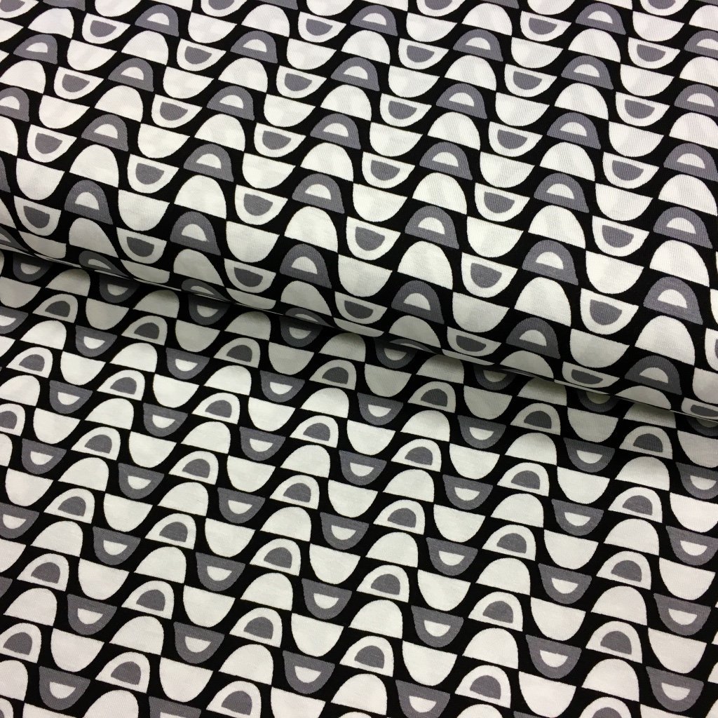 Tissu Jersey viscose Bleu marine Motifs aztèques Blancs et gris