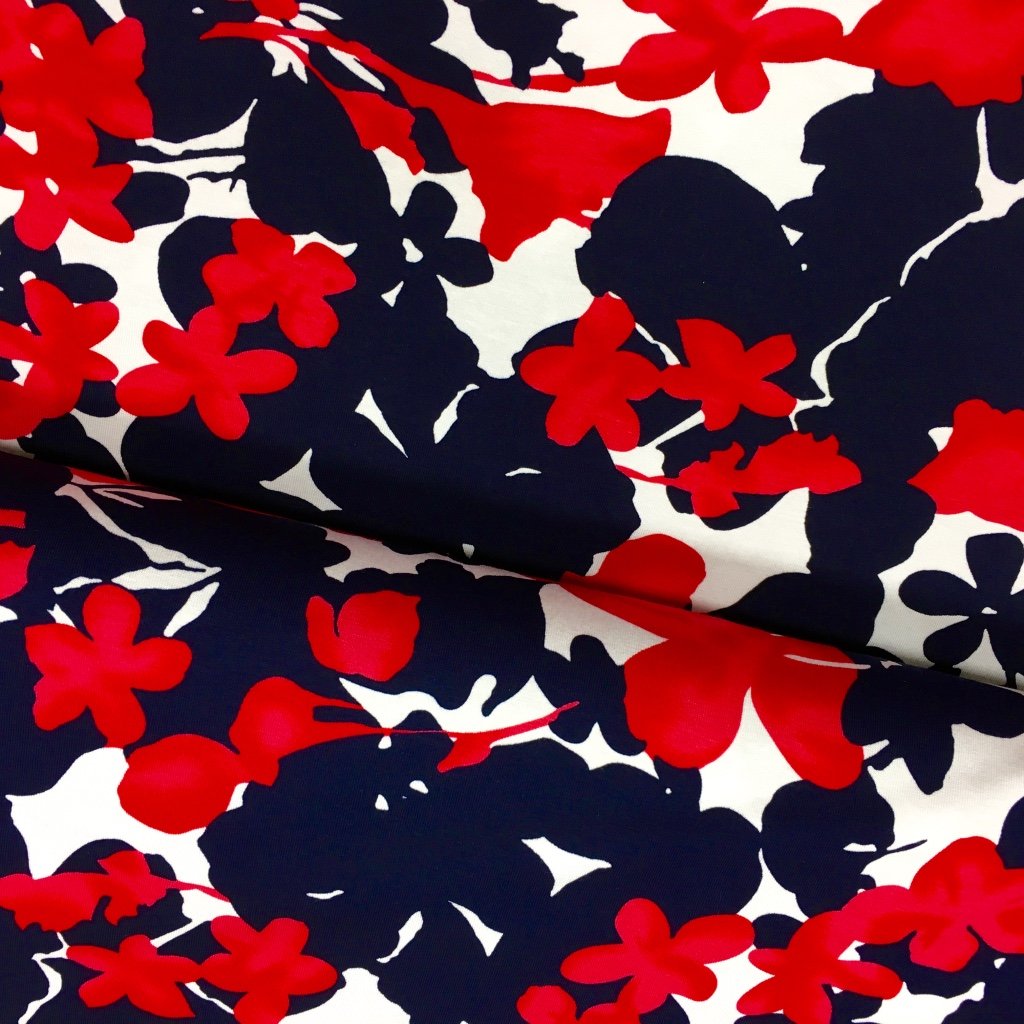 Tissu Jersey viscose Blanc Fleurs Bleues marines et rouges