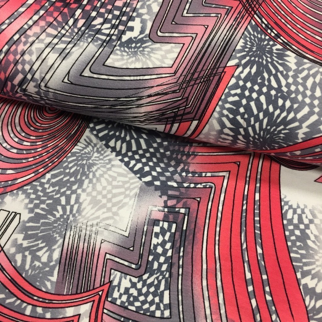 Tissu Jersey viscose Blanc Motifs géométriques Roses et violets