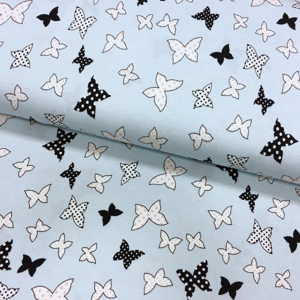 Tissu Jersey viscose Bleu pastel Papillons Noires
