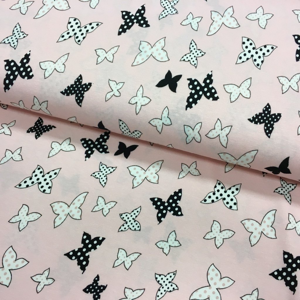 Tissu Jersey viscose Rose pastel Papillons Noires