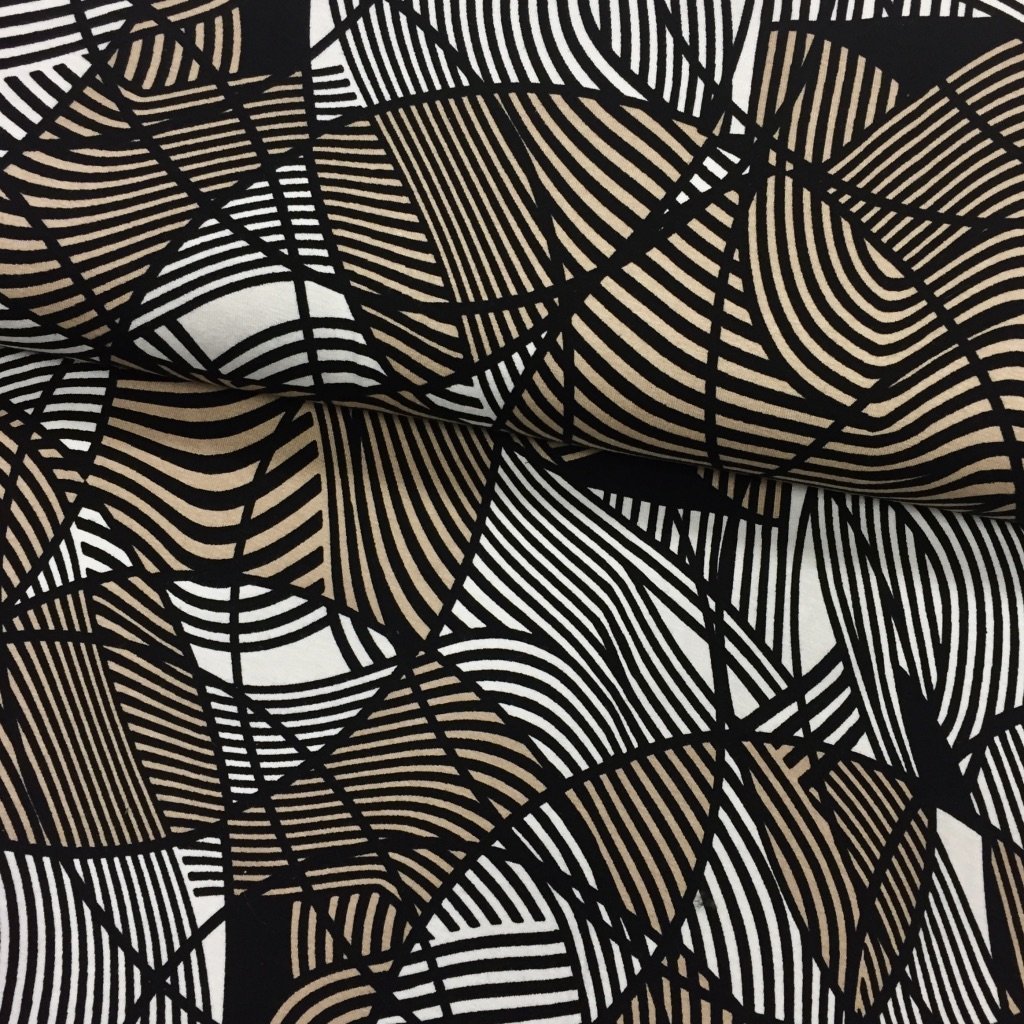 Tissu Jersey viscose Blanc Motifs géométriques Beiges et noirs