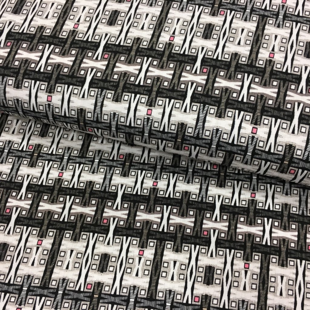 Tissu Jersey viscose Blanc Motifs géométriques Noirs et fushias