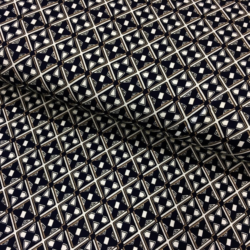 Tissu Jersey viscose Bleu marine Motifs géométriques Blancs et taupe