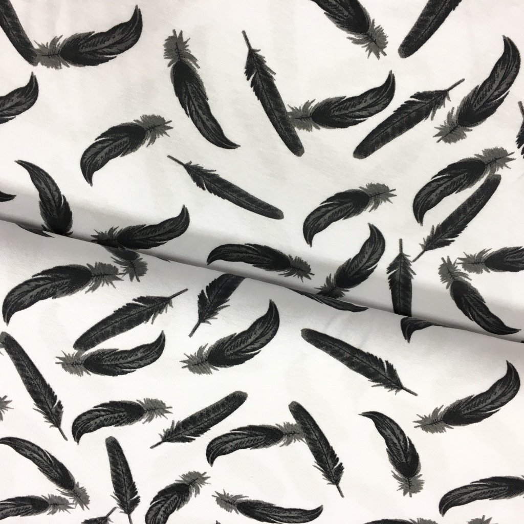 Tissu Jersey viscose Blanc Plumes Noires