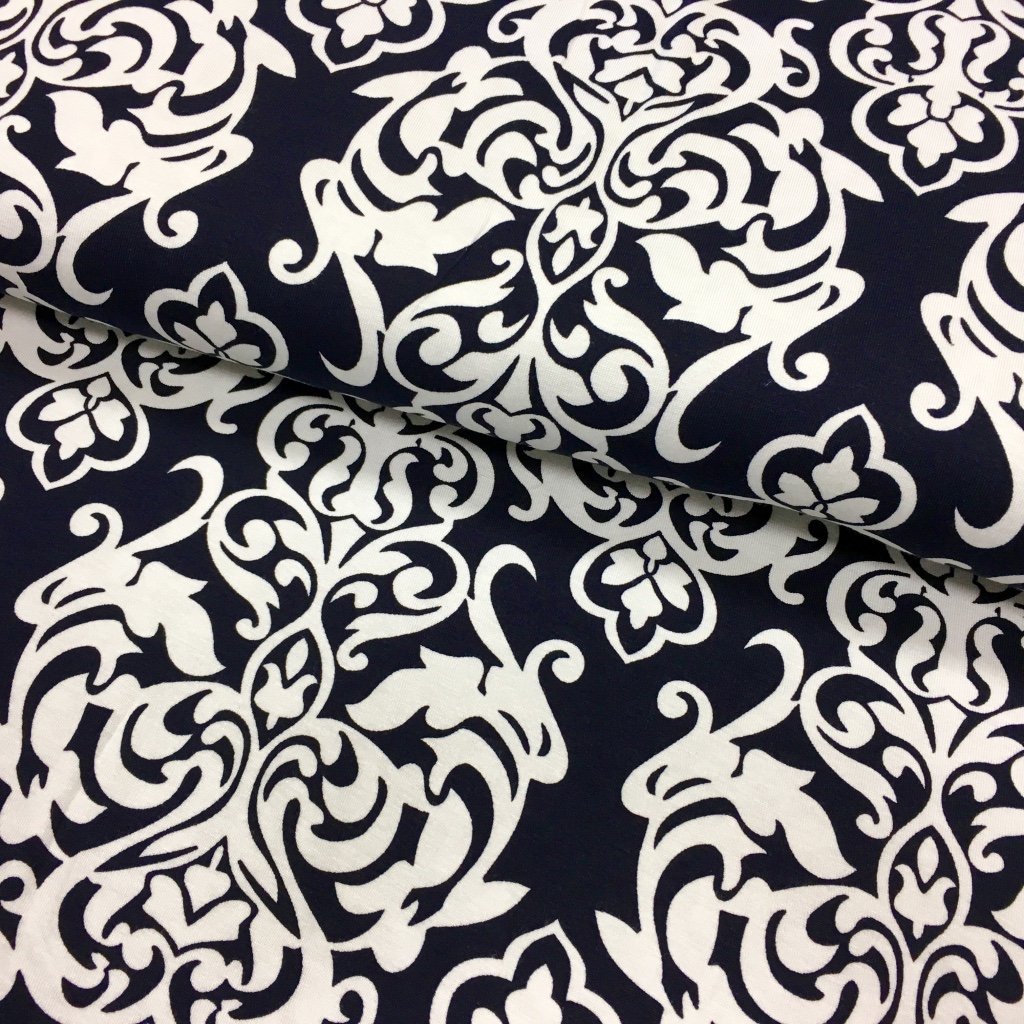 Tissu Jersey viscose Bleu marine Motifs baroques Blancs
