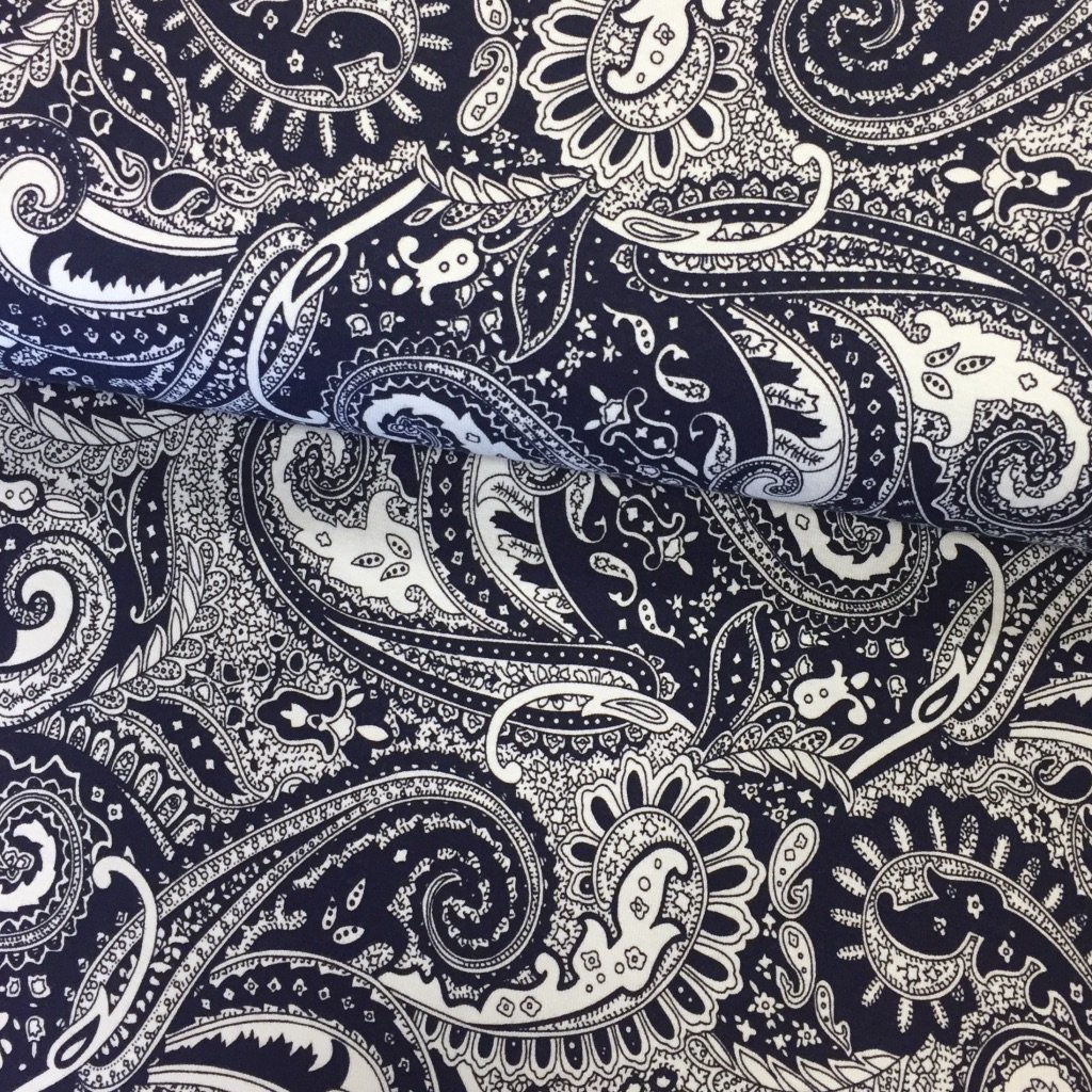 Tissu Jersey viscose Bleu foncé Motifs baroques Blancs