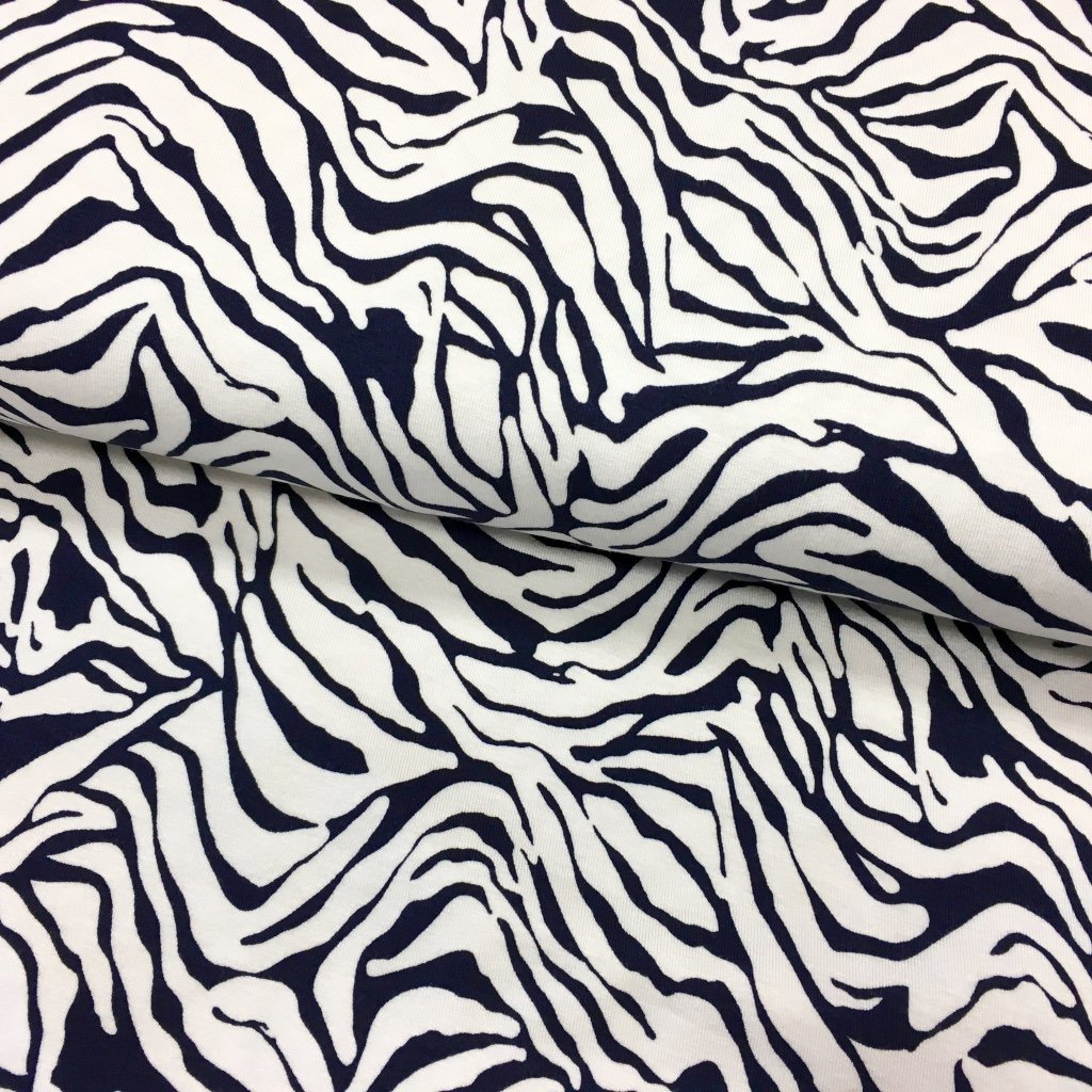Tissu Jersey viscose Blanc Motifs tigre Bleus marine