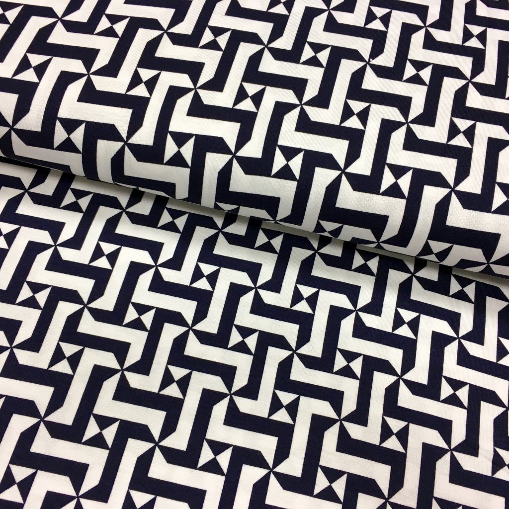 Tissu Jersey viscose Bleu marine Motifs aztèques Blancs