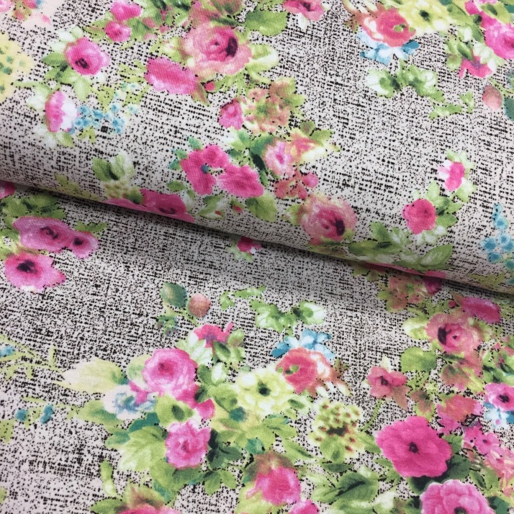 Tissu Jersey viscose Blanc Fleurs Roses et vertes