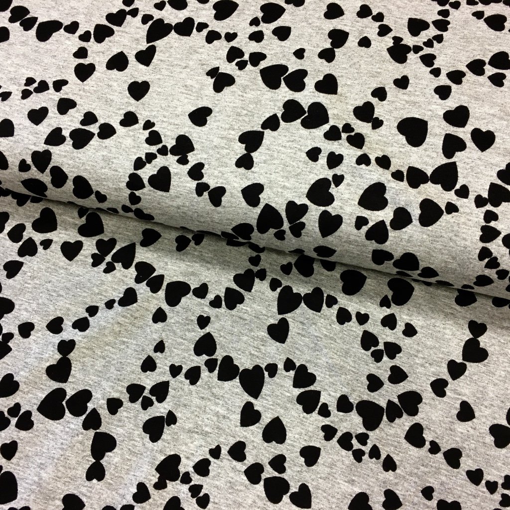 Tissu Jersey viscose Gris chiné Cœurs Noirs