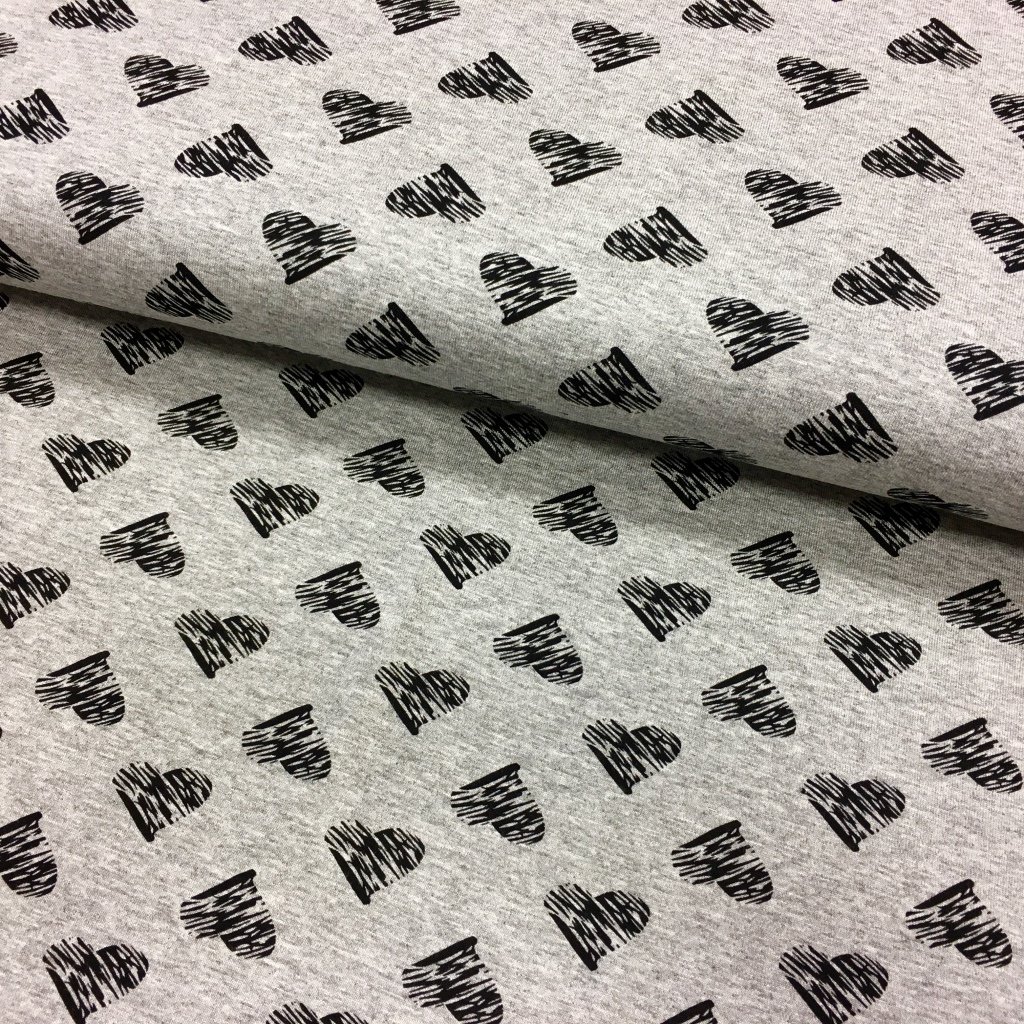 Tissu Jersey viscose Gris chiné Cœurs Noirs