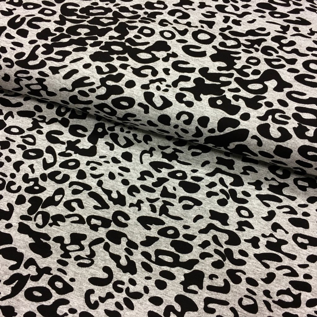 Tissu Jersey viscose Gris chiné Motifs léopard Noirs