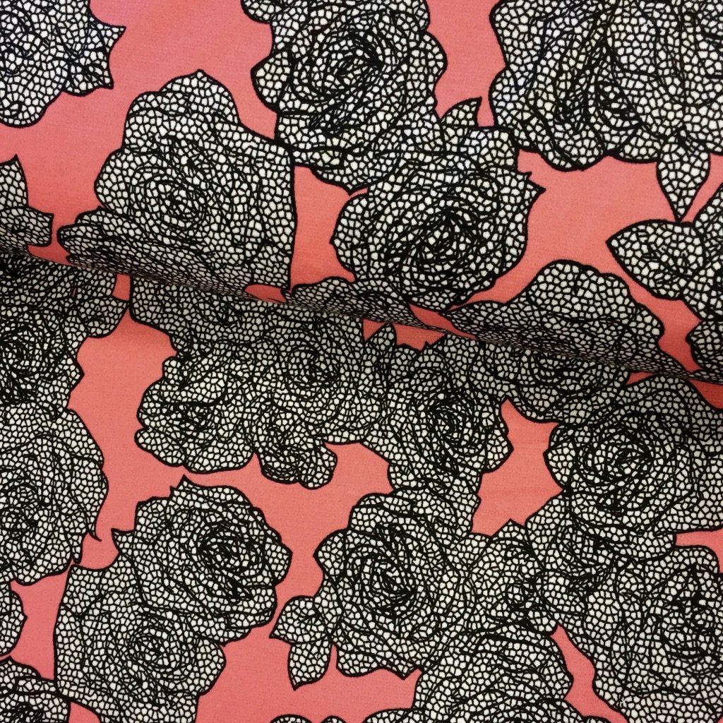 Tissu Jersey interlock Rose fuschia Roses Noirs et blanches