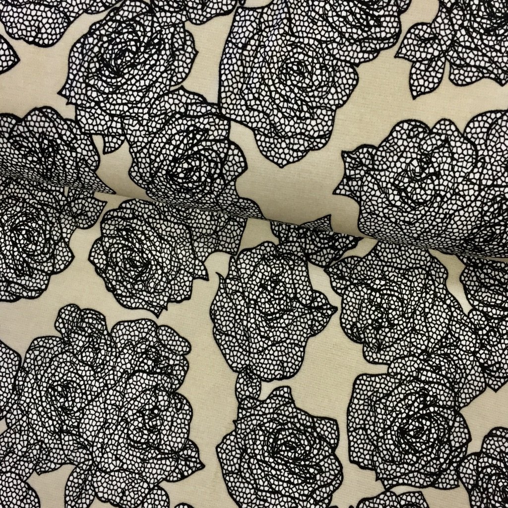 Tissu Jersey interlock Taupe Roses Noirs et blanches