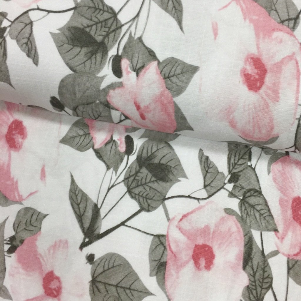 Tissu Viscose aspect lin Blanc Fleurs et feuilles Rose pâle et grises