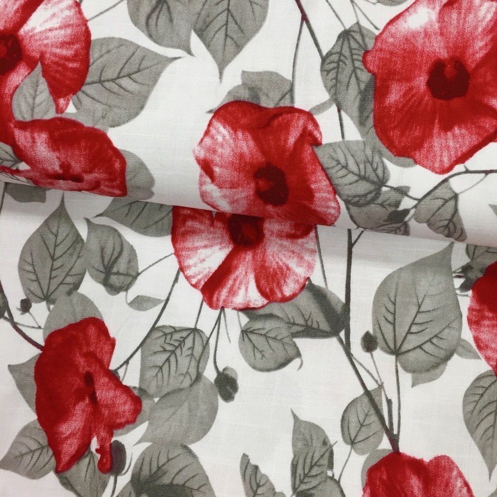 Tissu Viscose aspect lin Blanc Fleurs et feuilles Rouges et grises