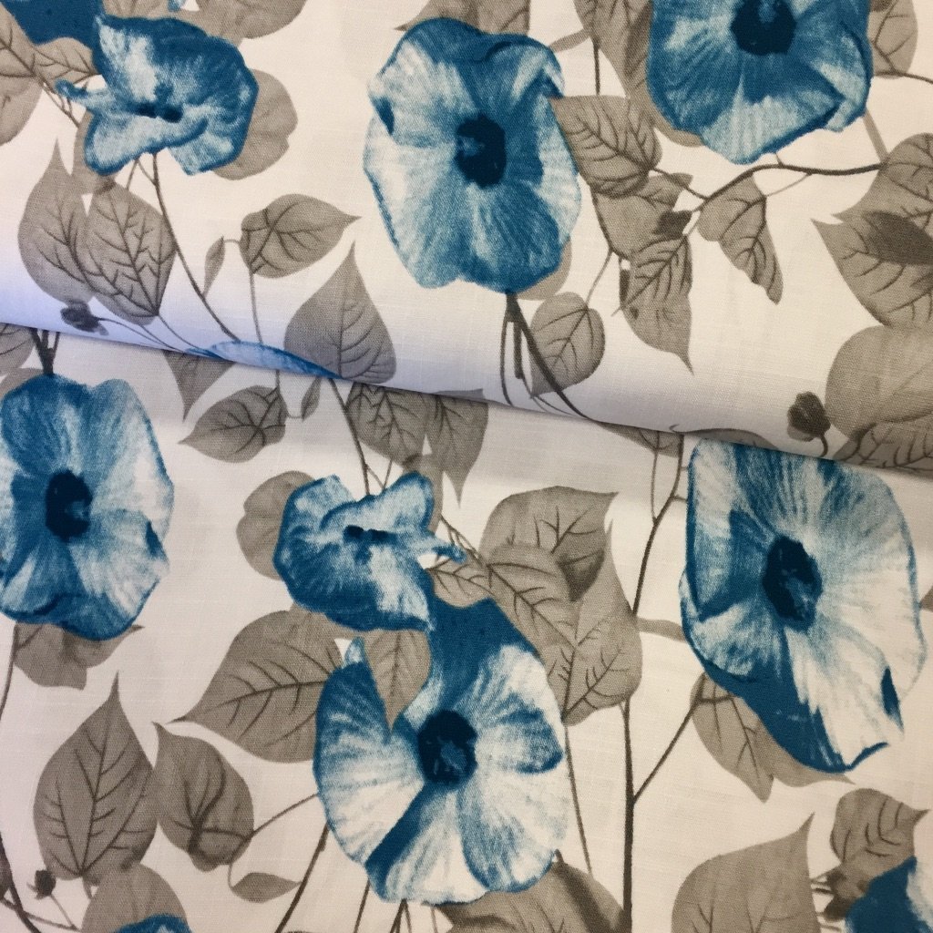 Tissu Viscose aspect lin Blanc Fleurs et feuilles Bleues et grises