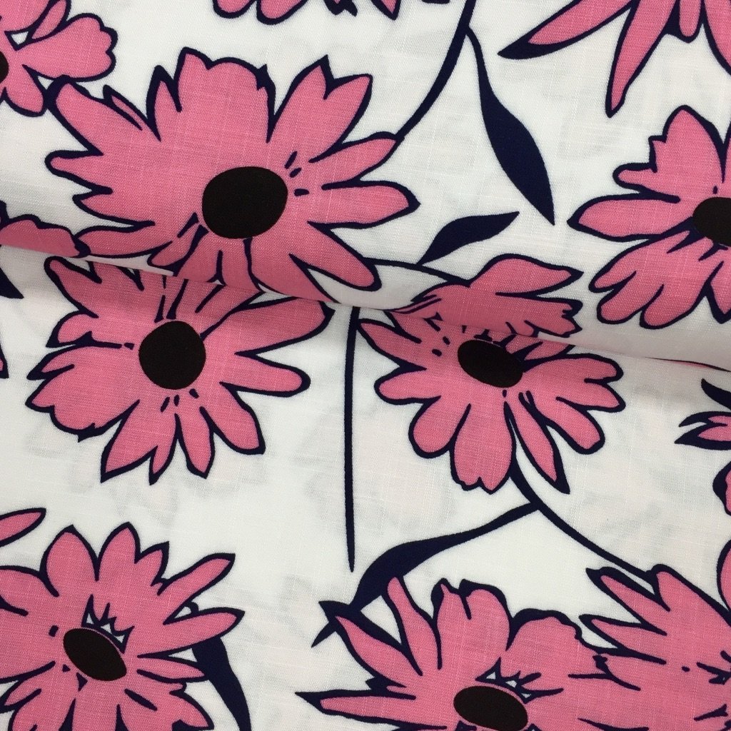 Tissu Viscose aspect lin Blanc Fleurs Roses