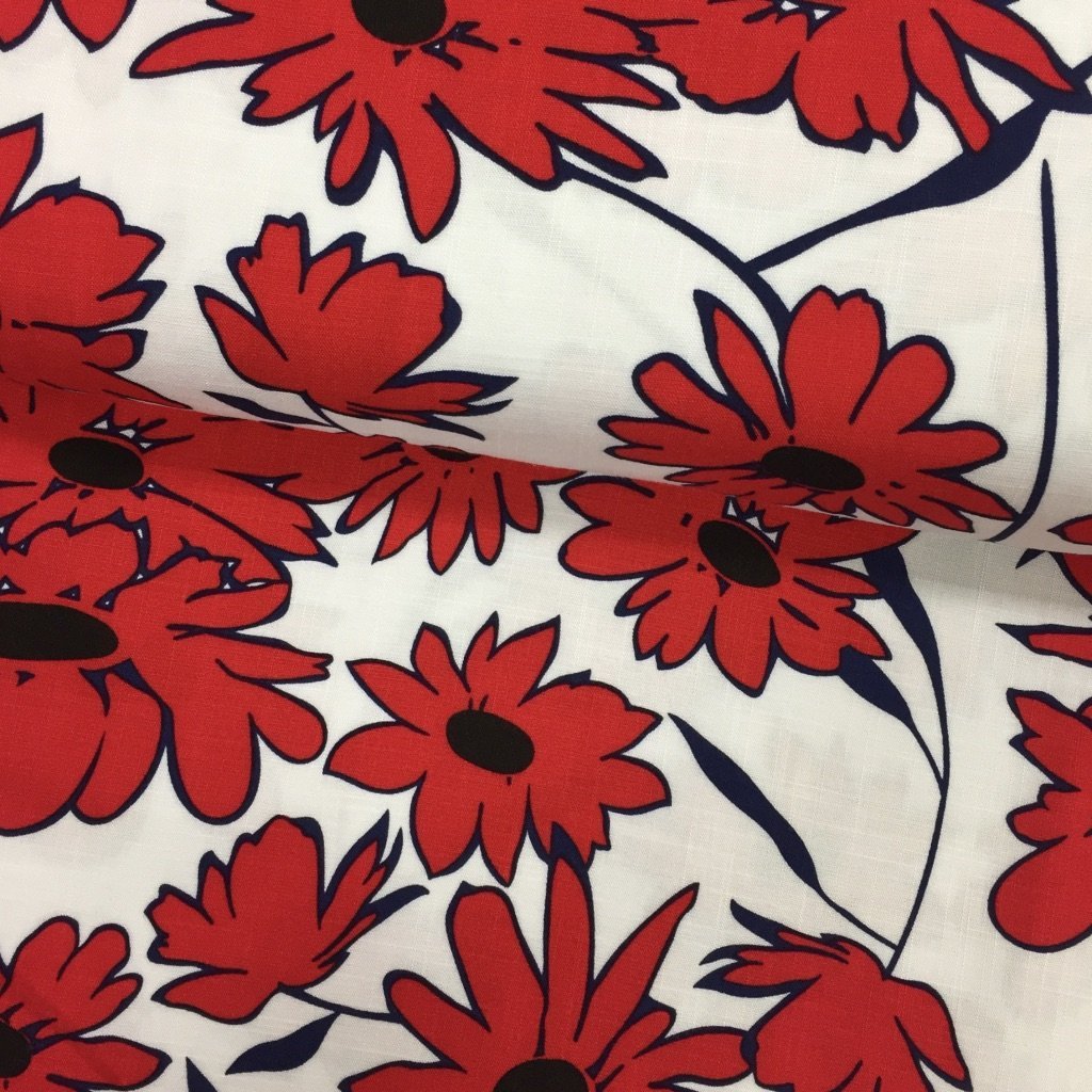 Tissu Viscose aspect lin Blanc Fleurs Rouges