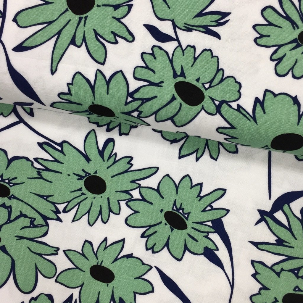 Tissu Viscose aspect lin Blanc Fleurs Vertes