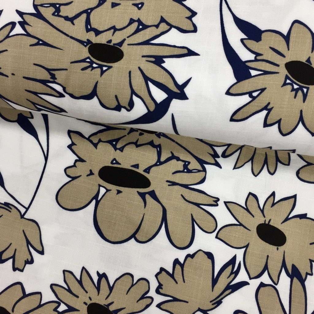 Tissu Viscose aspect lin Blanc Fleurs Beiges