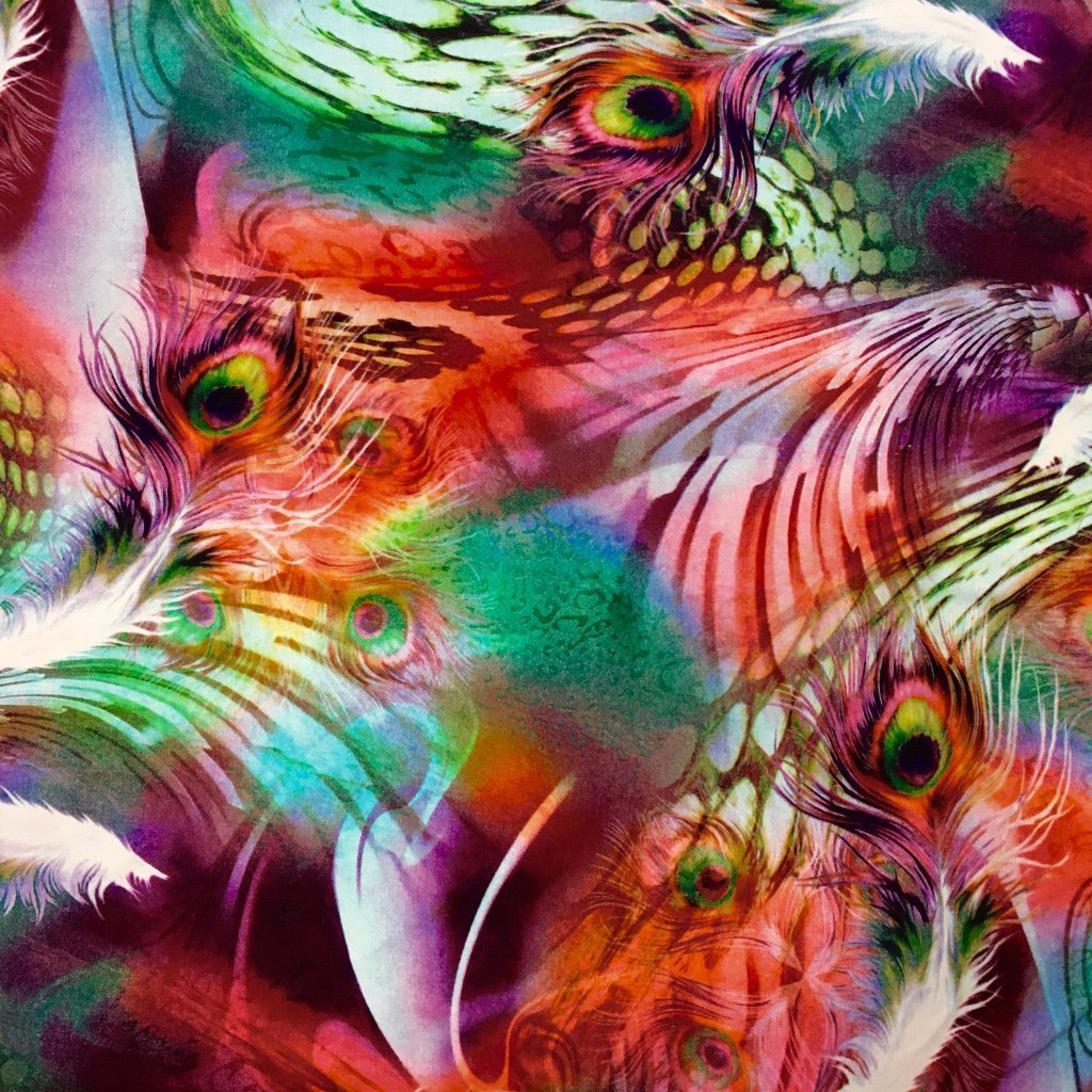 Tissu Jersey viscose Orange Plumes de paons Rouges