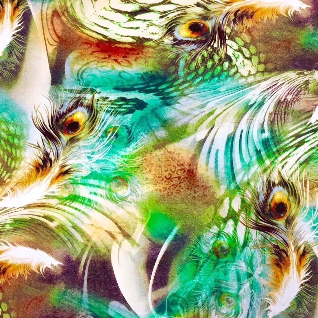 Tissu Jersey viscose Vert d'eau Plumes de paons Vertes