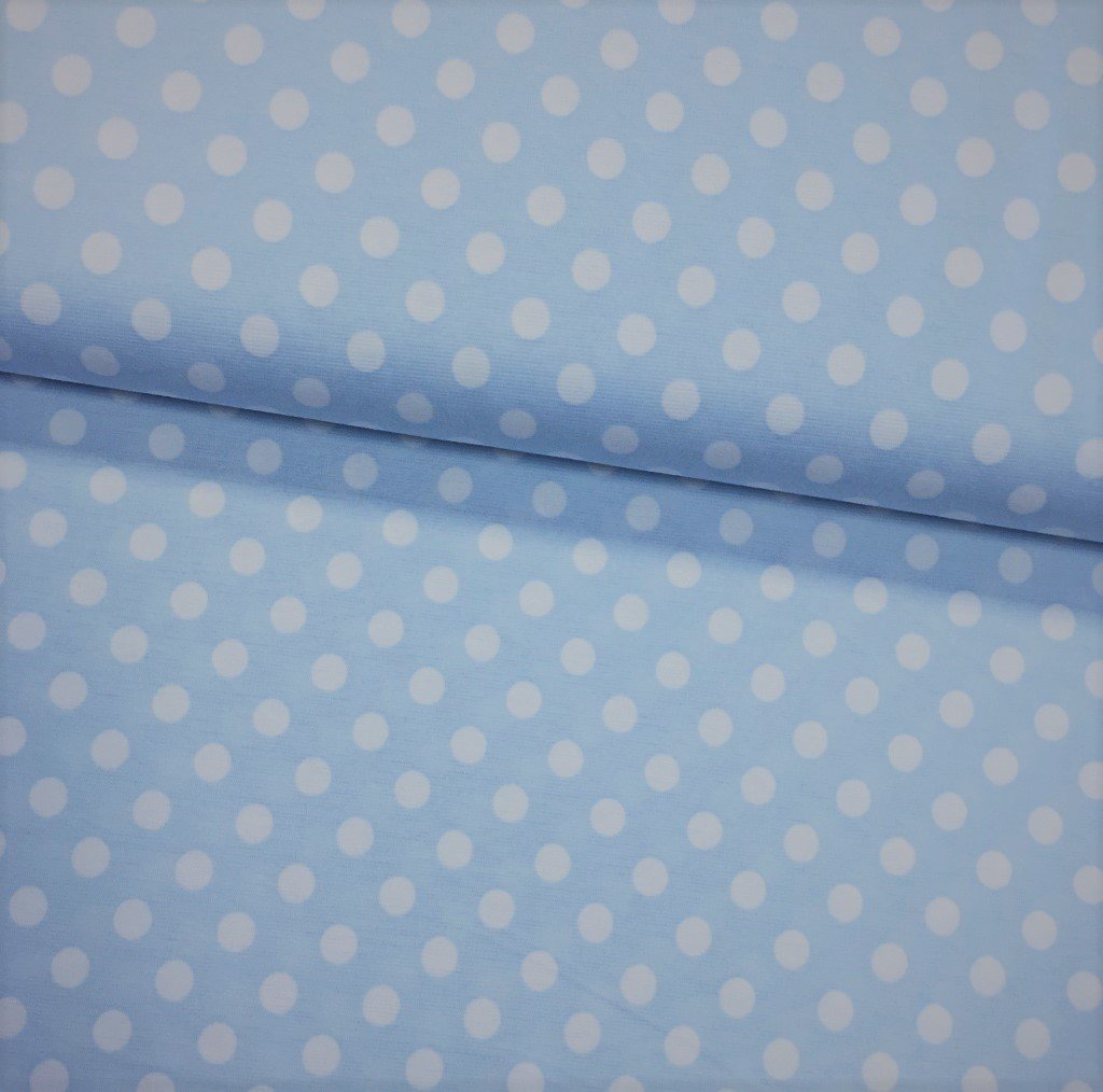 Tissu Jersey interlock Bleu ciel Pois de 1 cm Blancs