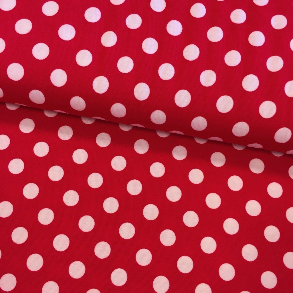 Tissu Jersey interlock Rouge Pois de 2 cm Blancs